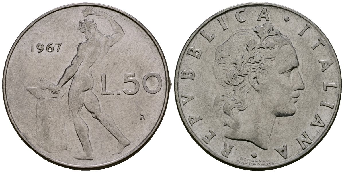 Италия 50 лир 1967 R, бог огня Вулкан у наковальни KM 95.1 нержавеющая сталь 4138-556