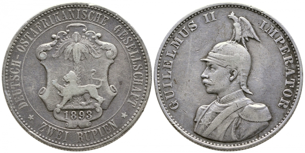 Немецкая Восточная Африка (Танзания) 2 рупии 1893 Вильгельм II (1888-1918) KM 5, ASK 914, J.714 серебро 00-803-38