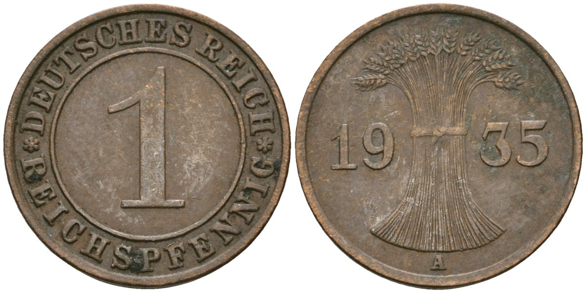 Германия 1 рейхспфенниг 1935 A KM 37, J. 313 бронза 4189-1263
