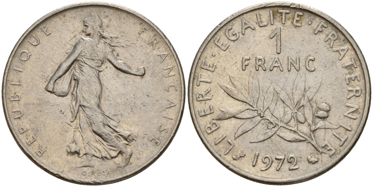Франция 1 франк 1972 сеятель KM 925.1, Le Franc 226.4 никель 4150-1214