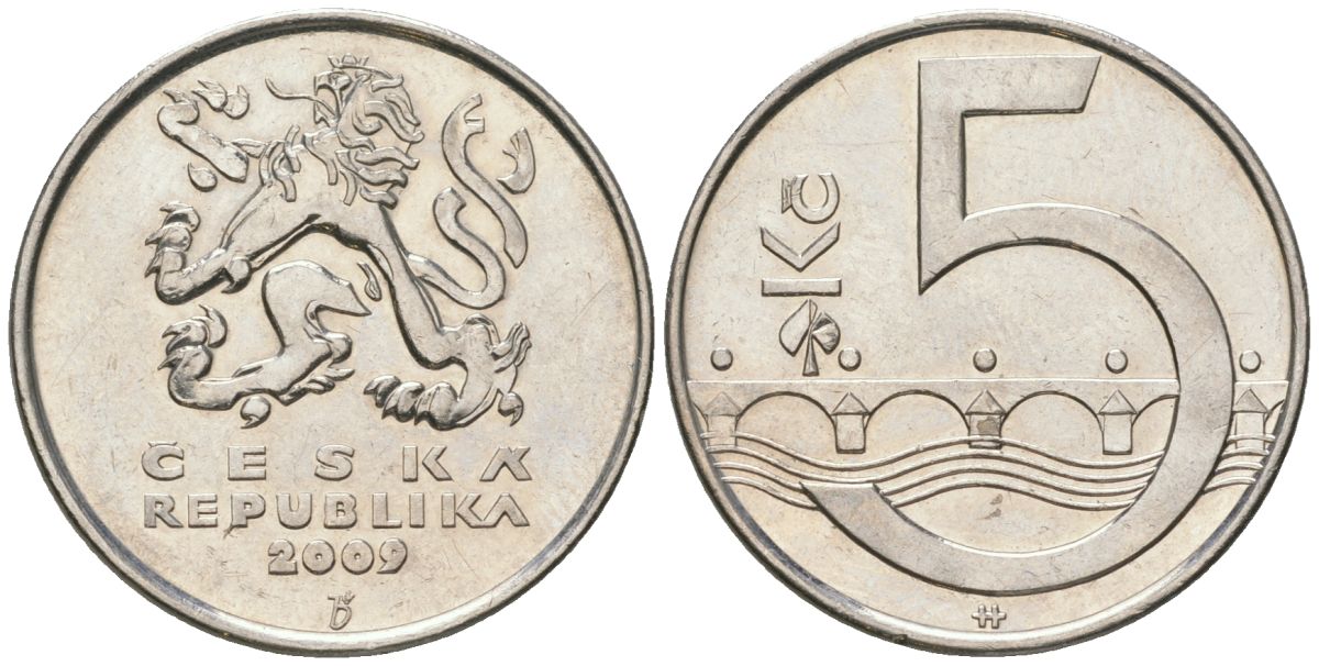 Чехия 5 крон 2009 b’, чешский лев, Карлов мост KM 8 сталь плакированная никелем aUNC 4592-155