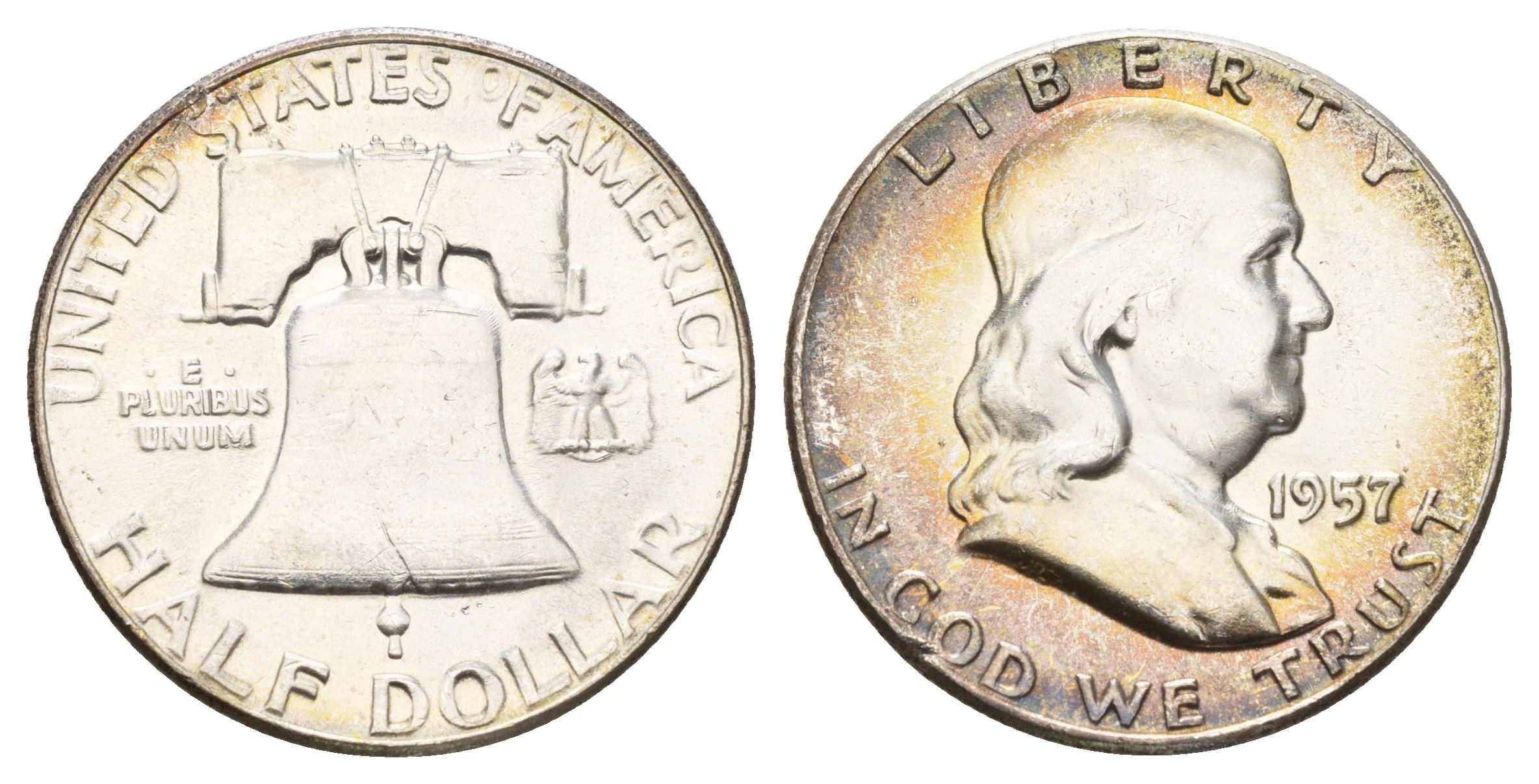 США 1/2 доллара (50 центов) 1957 Бенджамин Франклин, колокол KM 199 серебро aUNC 1530-1322