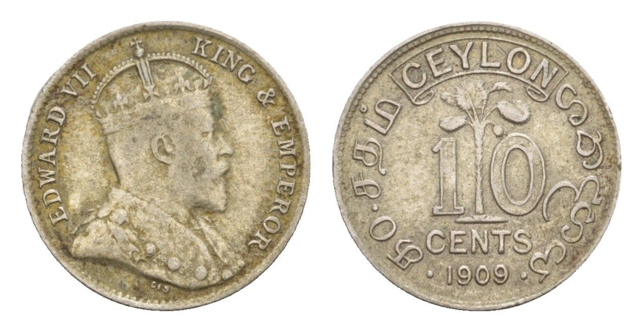 Цейлон 10 центов 1909 Эдуард VII (1901-1910) KM 97 серебро    4658-1121