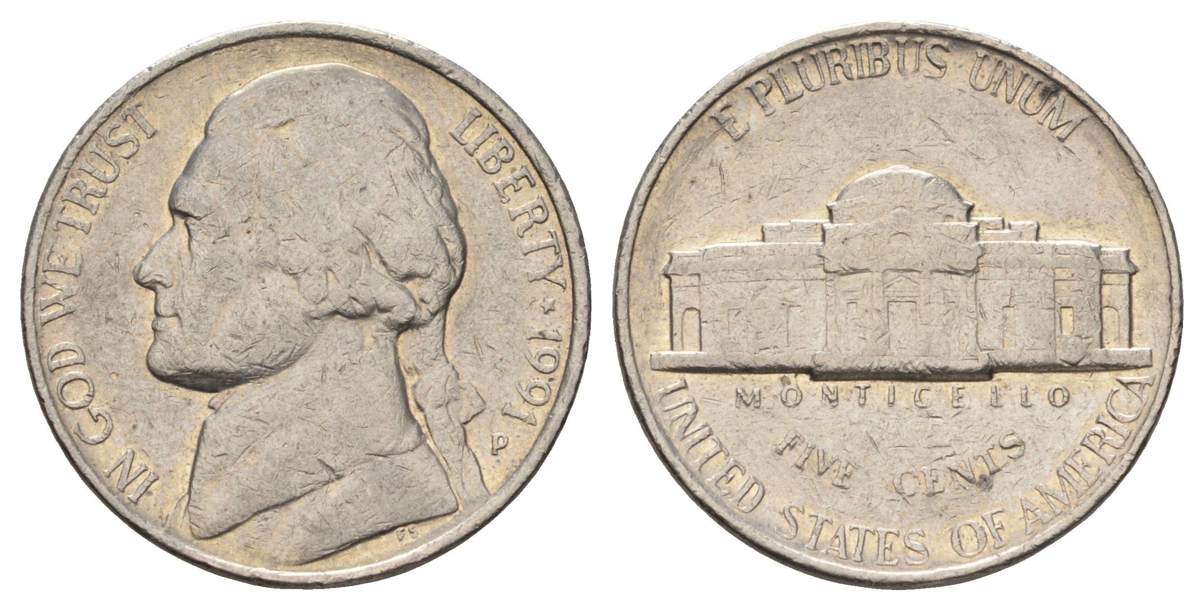 США 5 центов 1991 P, Джефферсон KM A192 медно-никель 4671-1125