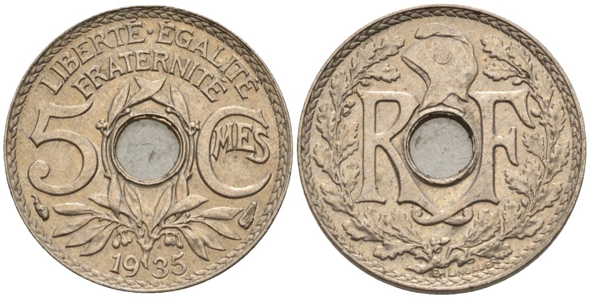 Франция 5 сантимов 1935 KM 875 медно-никель 4596-634