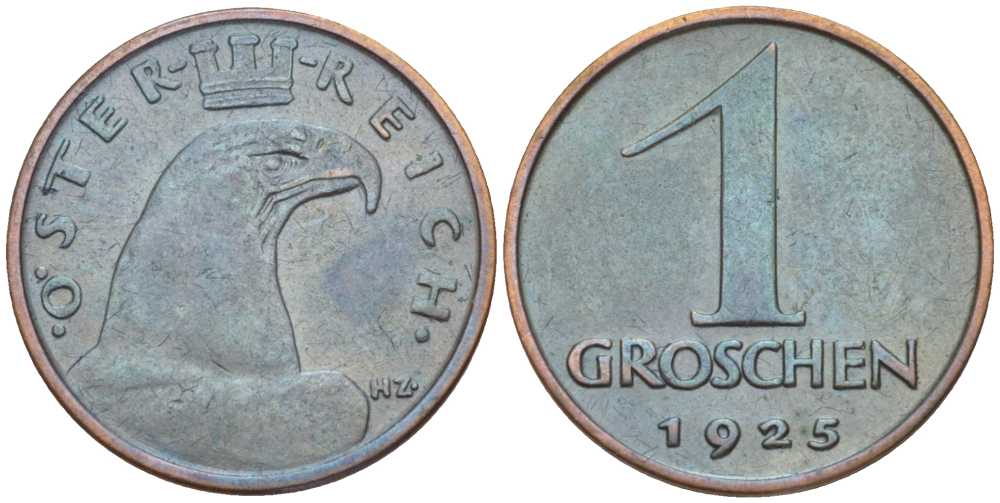 АВСТРИЯ 1 ГРОШ 1925 ДОВОЕННАЯ ДЕСЯТИЧНАЯ ЧЕКАНКА KM 2836 бронза 201-149
