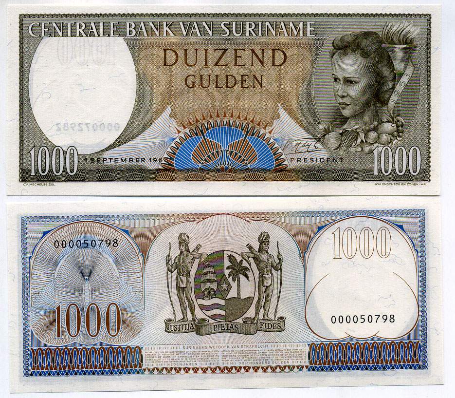 Суринам 1000 гульденов 1963 женщина с фруктами Pick 124 бумага UNC (пресс) 451-402-2