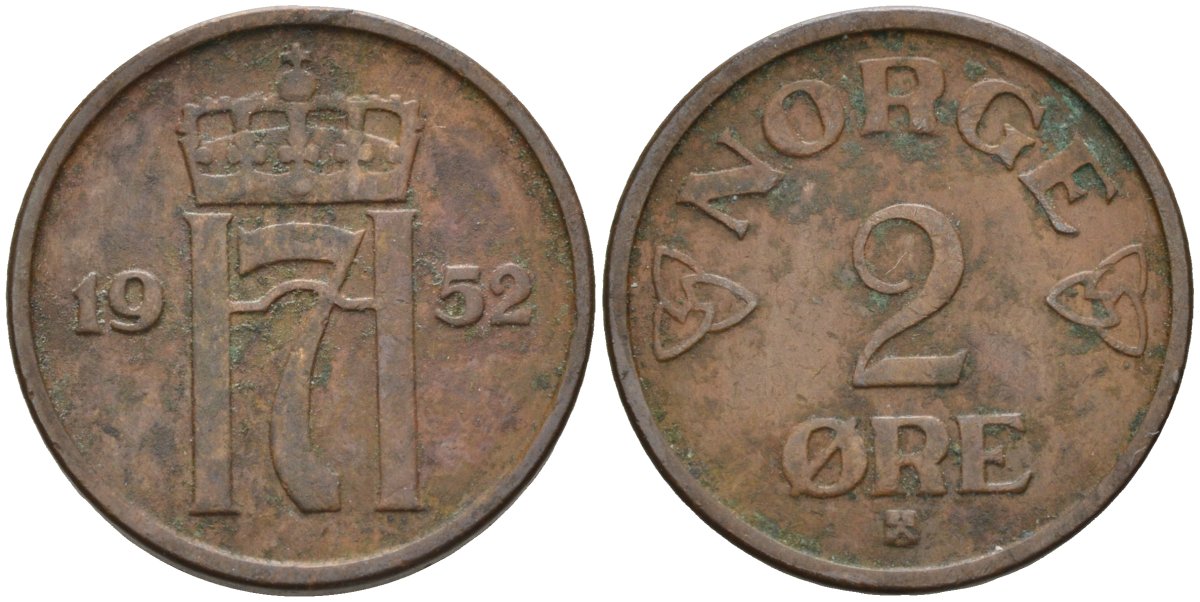 Норвегия 2 эре 1952 Хокон VII (1905-1957) KM 371 бронза 4591-936