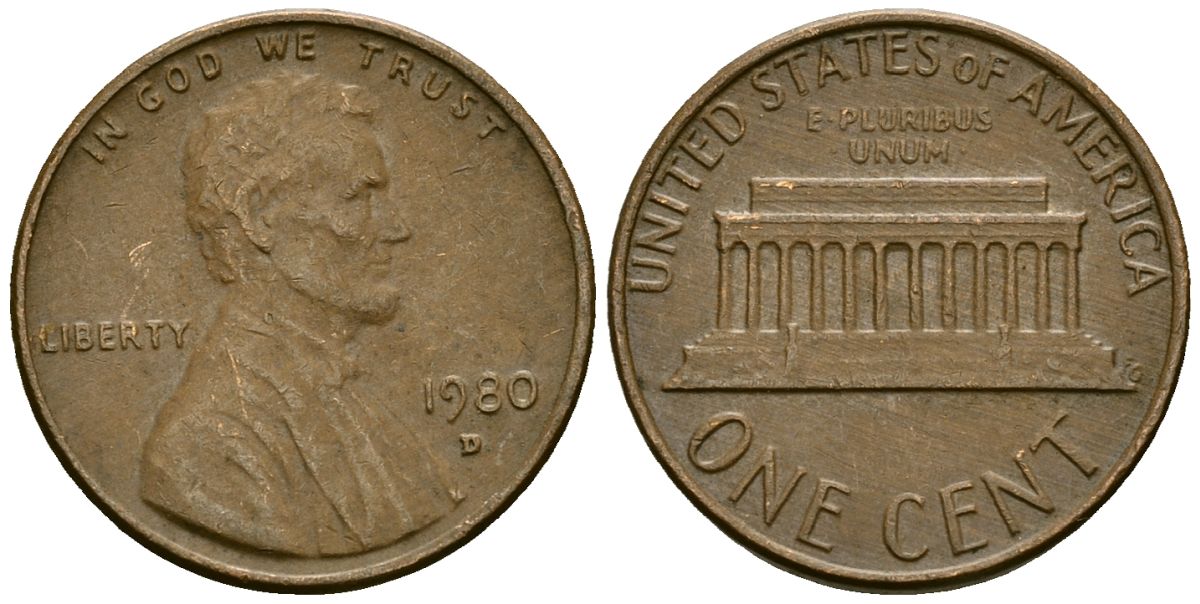 США 1 цент 1980 D, Авраам Линкольн KM 201 медь цинк 4136-167