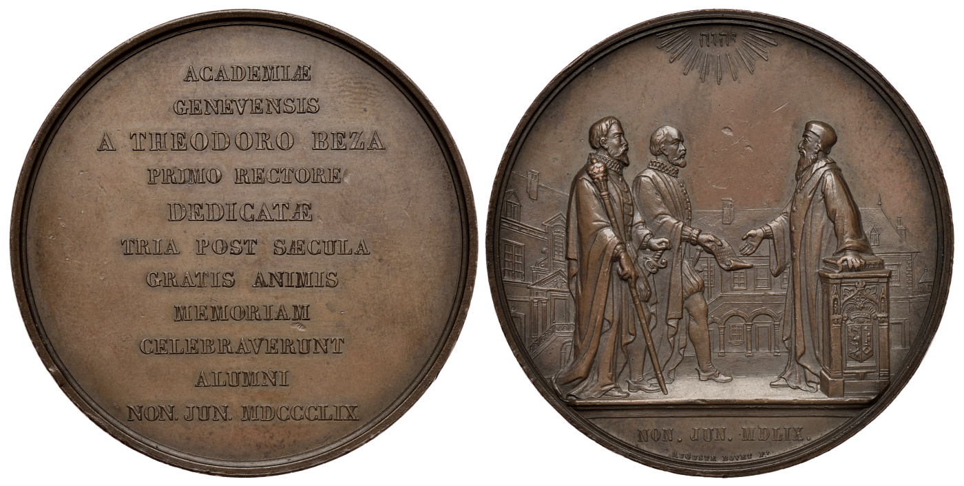 ШВЕЙЦАРИЯ МЕДАЛЬ 1859 В ПАМЯТЬ 300-ЛЕТИЯ (1559-1859) СО ДНЯ ПРИНЯТИЯ РЕФОРМАТОРОМ ТЕОДОРОМ БЕЗОЙ МЕСТА ПРОПОВЕДНИКА И ПРОФЕССОРА БОГОСЛОВИЯ В ЖЕНЕВЕ. ДИАМЕТР 57 ММ., ВЕС 96,54 ГР. бронза 02-009-23