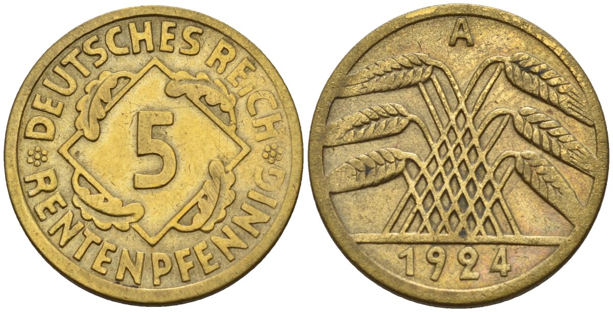 Германия 5 рентенпфеннигов 1924 A KM 32, J. 308 алюминиевая бронза 4151-656