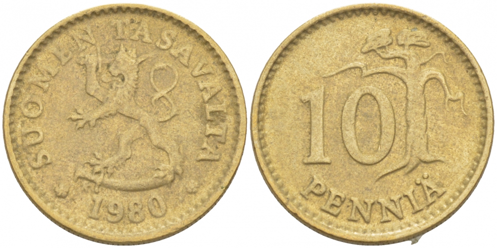 ФИНЛЯНДИЯ 10 ПЕННИ 1980 K KM 46 алюминиевая бронза 3718-134