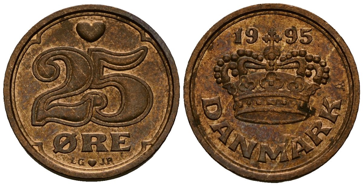 Дания 25 эре 1995 Маргрете II (1972- ) KM 868 бронза 4173-752