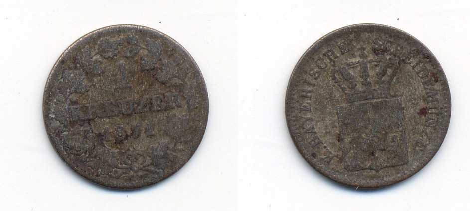Бавария 1 крейцер 1871 Людвиг II (1864-1886) KM 487 серебро 71-1528