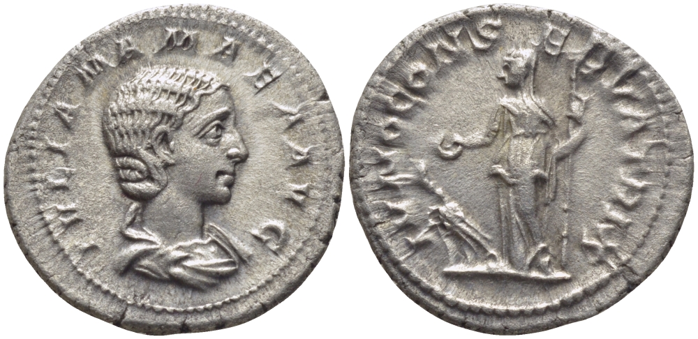 Римская Империя денарий 222 Юлия Мамея, мать Александра Севера IVNO CONSERVATRIX, ФИГУРА богини Юноны; слева у ног павлин, Рим Good Very fine RIC 343 серебро 1073-15-54