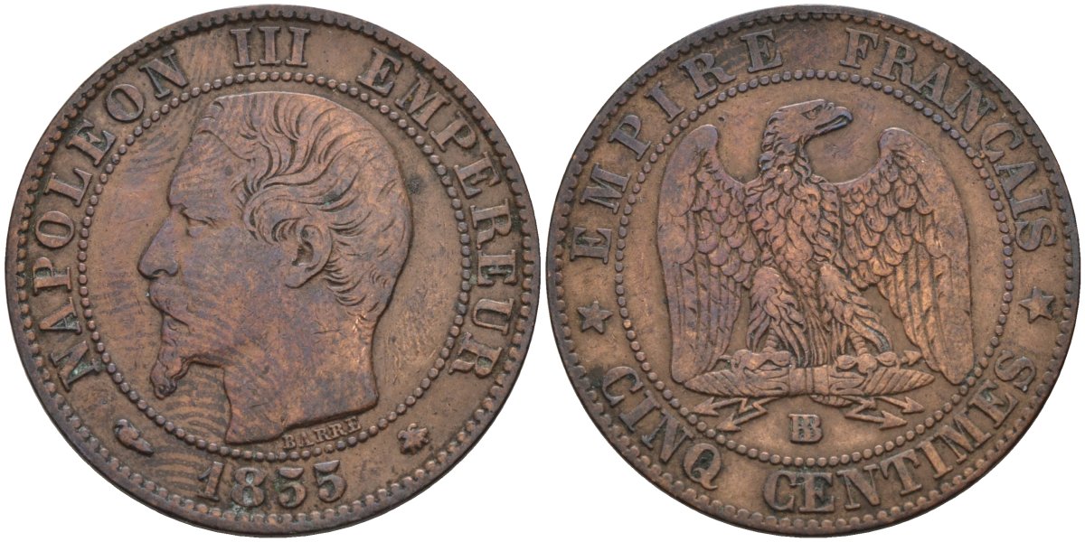 Франция 5 сантимов 1855 BB, Наполеон III (1852-1870) KM 777.3, Le Franc 116.24 бронза 4584-344