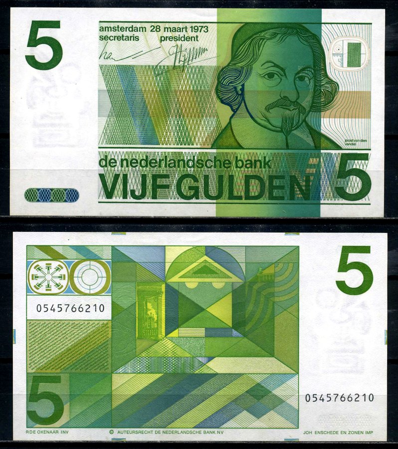 Нидерланды 5 гульденов 1973 Йост ван ден Вондел Pick 95 a бумага UNC (пресс) 2195-2-1-1