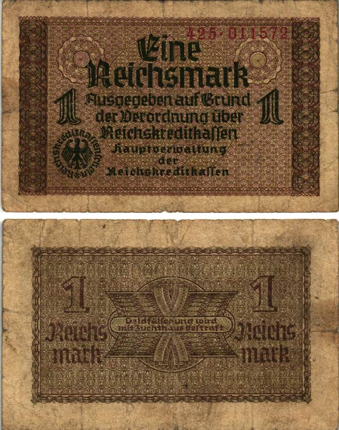 ГЕРМАНИЯ 1 РЕЙХСМАРКА 1940-1945 СЕРИЯ 425, ДЛЯ ОККУПИРОВАНЫХ ТЕРРИТОРИЙ, ВТОРАЯ МИРОВАЯ ВОЙНА Pick R136а, Розенберг 551а бумага 8615-71-1-2