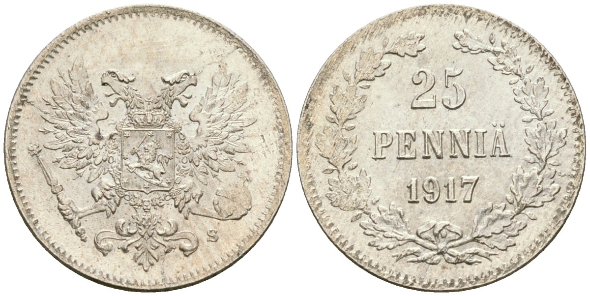 Россия для Финляндии 25 пенни 1917 S, временное правительство, без короны KM 19, Биткин 2 серебро aUNC 4580-1226