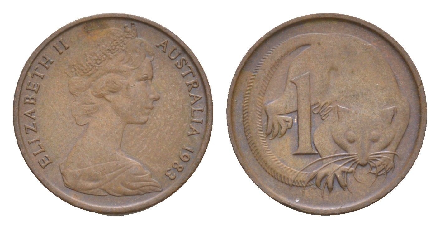 Австралия 1 цент 1983 Елизавета II (1952-2022), молодой портрет, опоссум KM 62 бронза 4655-1224