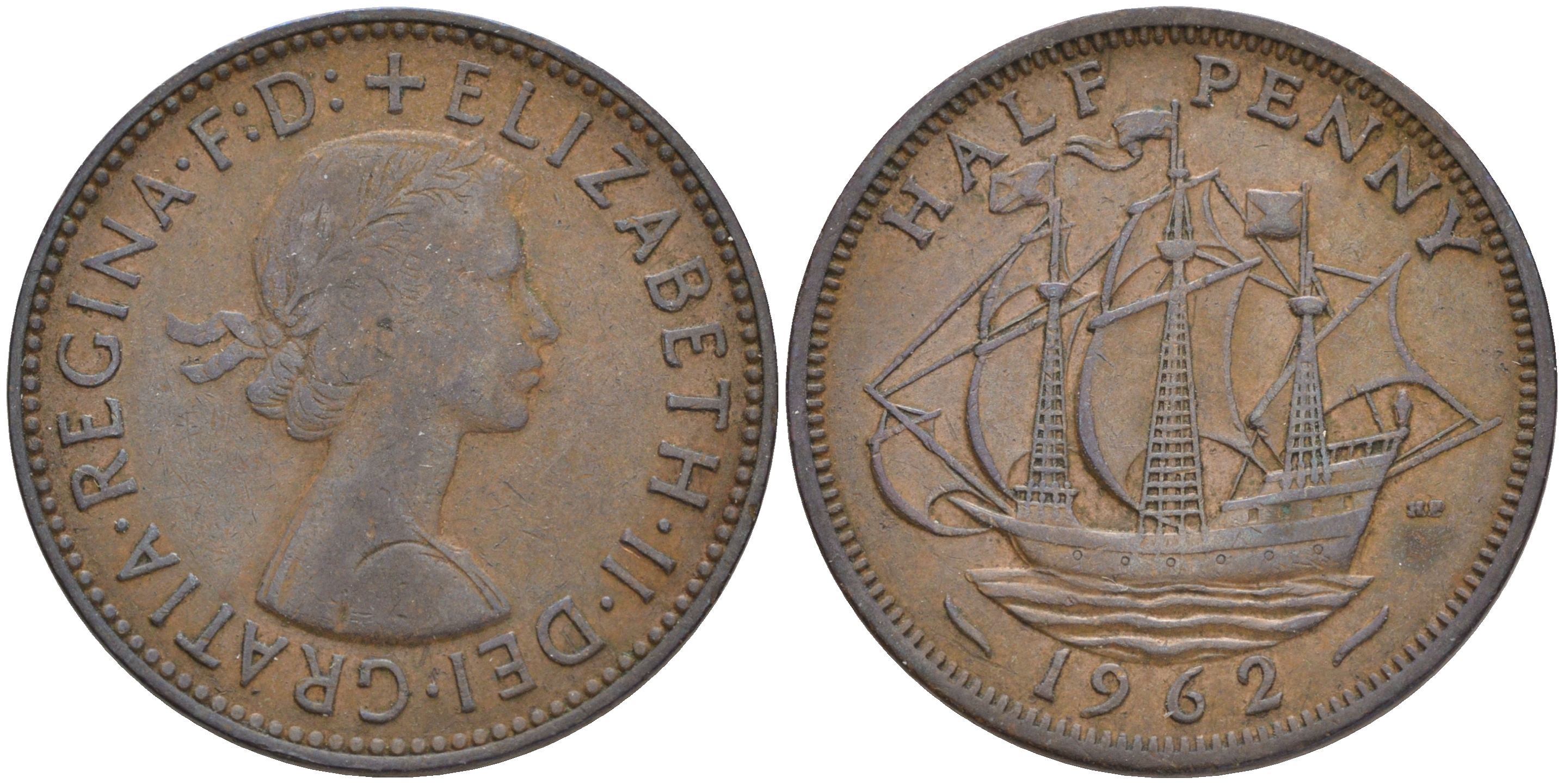 Великобритания 1/2 пенни 1962 Елизавета II (1952-2022) KM 896, Spink 4158 бронза 4561-533