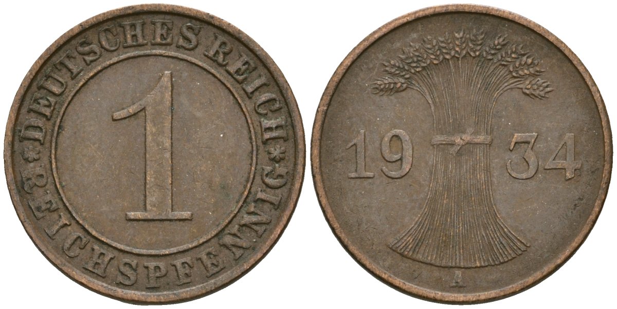 Германия 1 рейхспфенниг 1934 A KM 37, J. 313 бронза 4189-1245