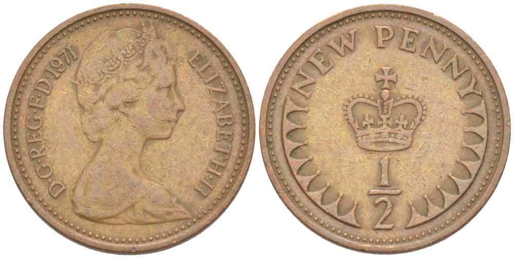 Великобритания 1/2 пенни 1971 Елизавета II (1952-2022) KM 914, Spink 4239 бронза 4387-828