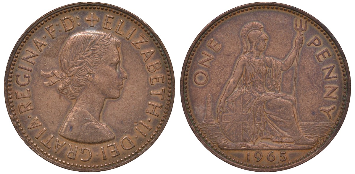 Великобритания 1 пенни 1965 Елизавета II (1952-2022) КМ 897, Spink 4157 бронза 4131-513