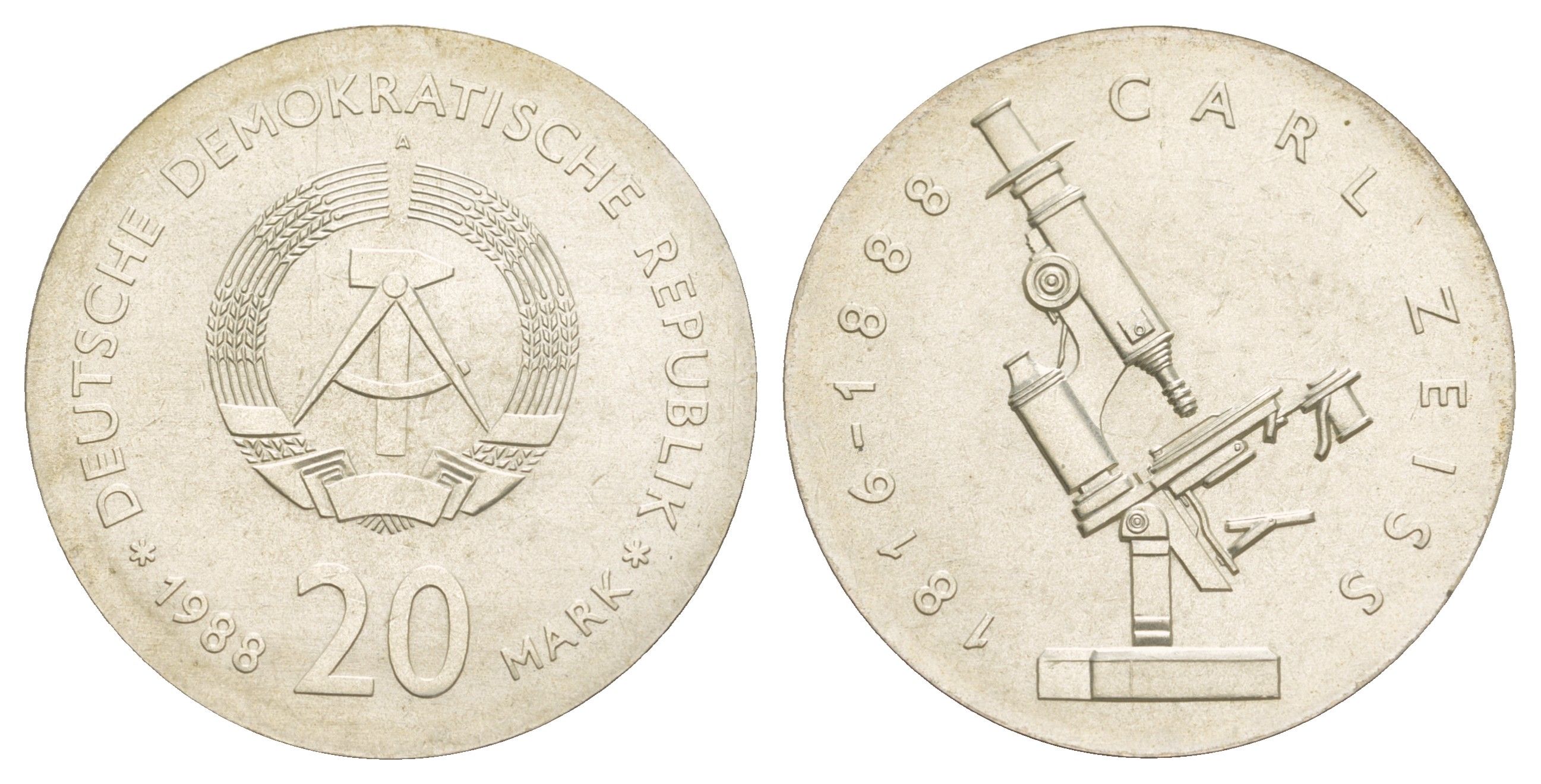 ГДР 20 марок 1988 100 лет со дня смерти Карла Фридриха Цейса KM 124, J. 1621 серебро UNC 00-819-14