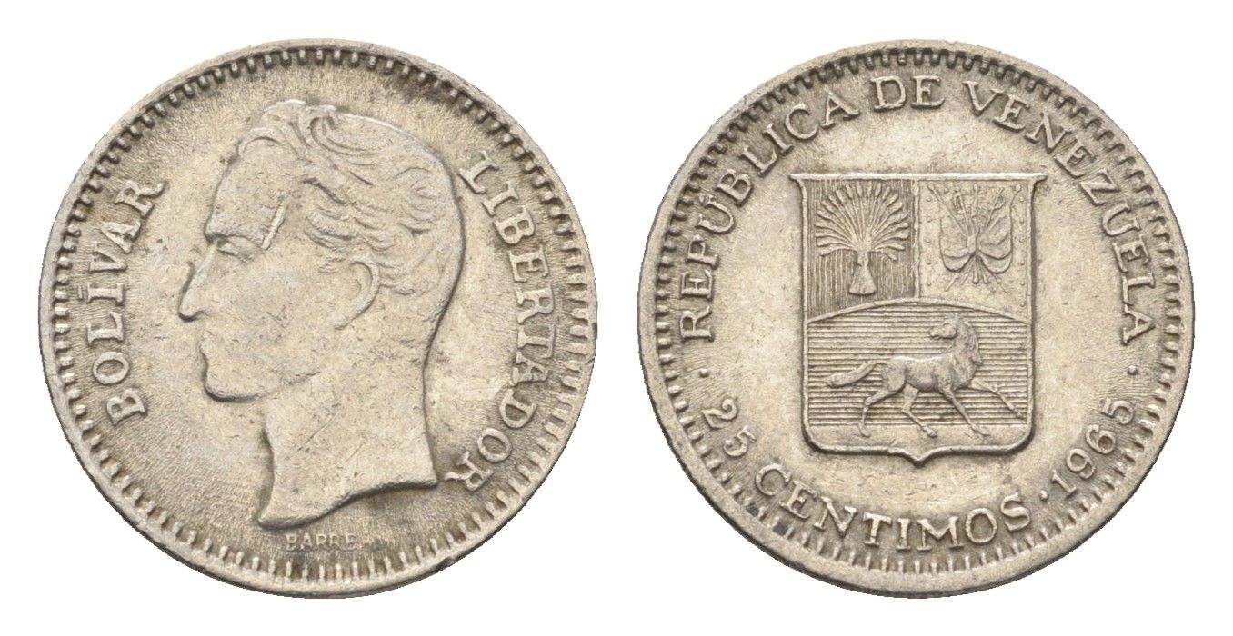 Венесуэла 25 сентимо 1965 год-тип, Симон Боливар Y 40 никель 4664-369