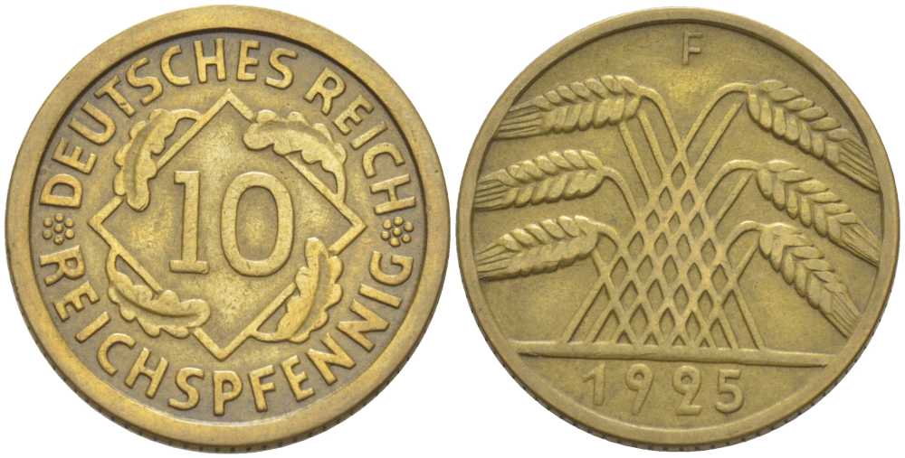 ГЕРМАНИЯ 10 РЕЙХСПФЕННИГОВ 1925 F KM 40, J. 317, Weege 9 алюминиевая бронза 210-347