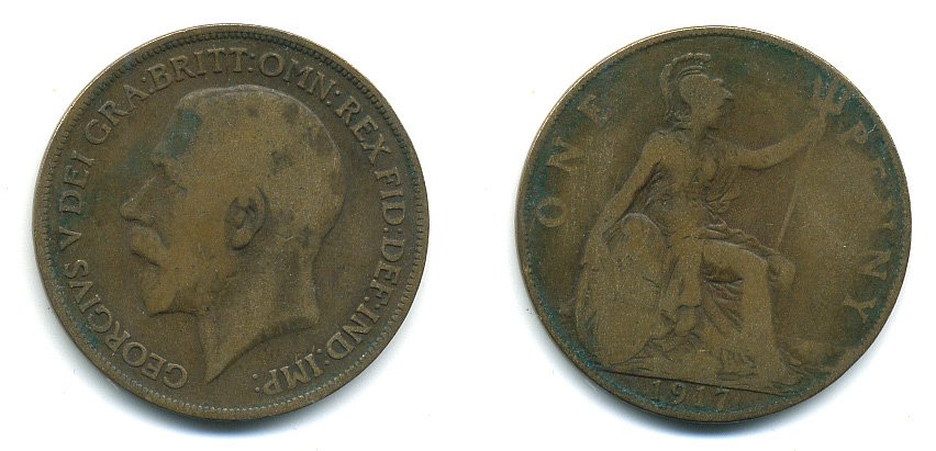 Великобритания 1 пенни 1917 Георг V (1910-1936) КМ 810, Spink 4051 бронза 4110-145