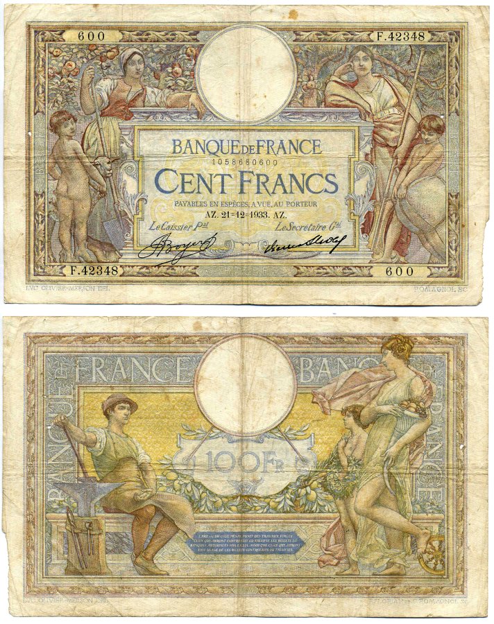 Франция 100 франков 1933 21 декабря 1933, подписи: Boyer & Strohl Pick 78с бумага 7219-16-1-2