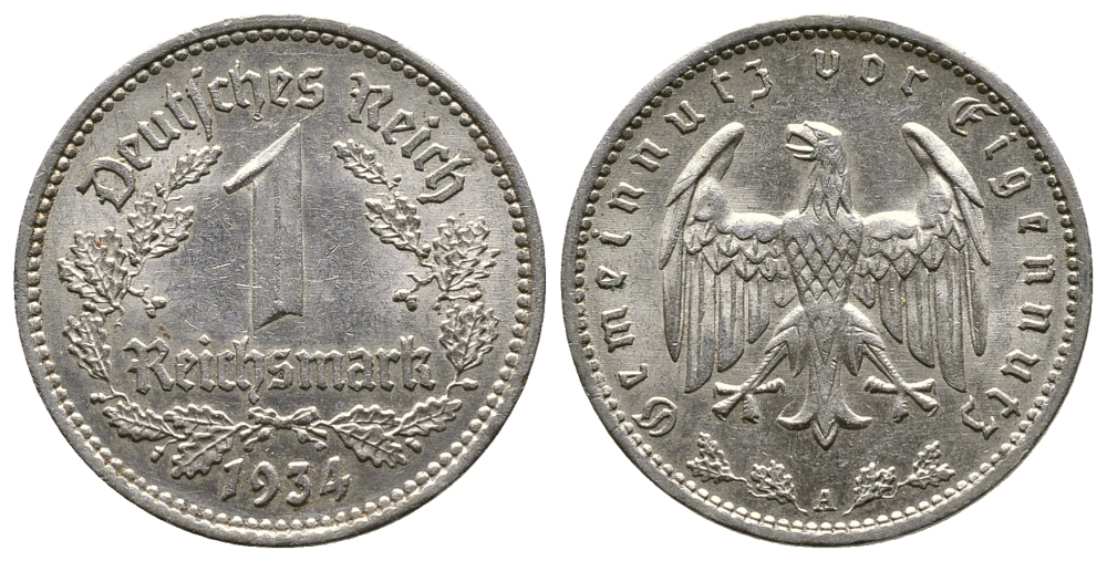 ГЕРМАНИЯ 1 РЕЙХСМАРКА 1934 А KM 78, J. 354 никель 4380-521