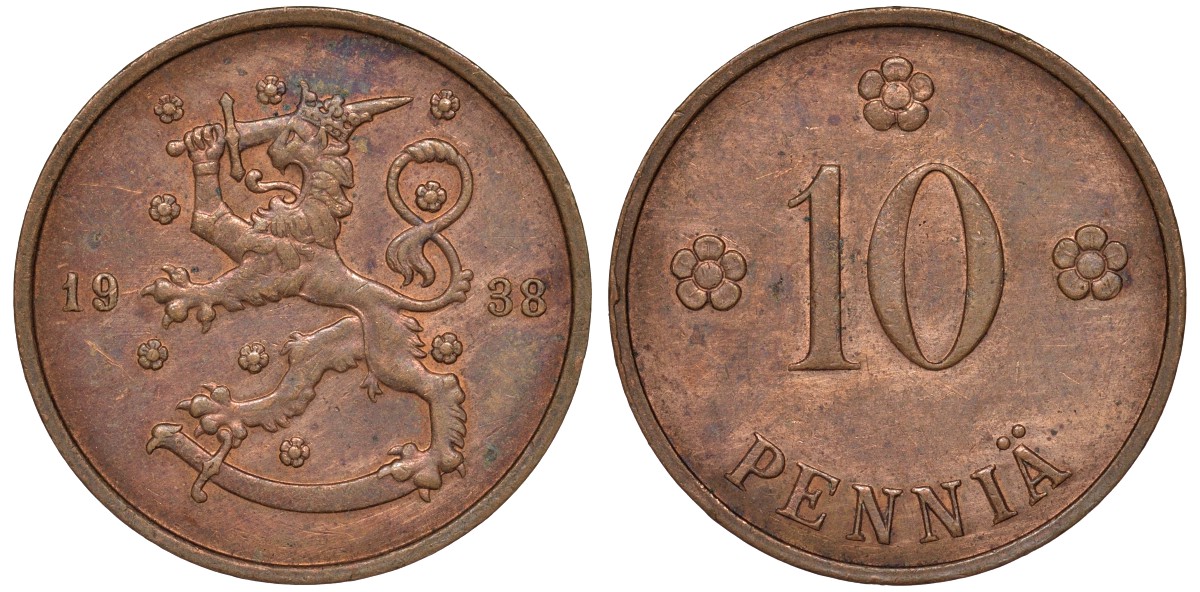 Финляндия 10 пенни 1938 KM 24 медь 51-3017