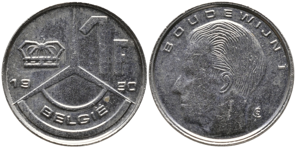 Бельгия 1 франк 1990 Belgie, Бодуэн I (1951-1993) KM 171 нержавеющая сталь 99-1241