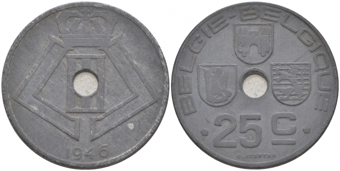 БЕЛЬГИЯ 25 САНТИМОВ 1946 BELGIE-BELGIQUE, ГЕРМАНСКАЯ ОККУПАЦИЯ, ВТОРАЯ МИРОВАЯ ВОЙНА KM 132 цинк 69-231