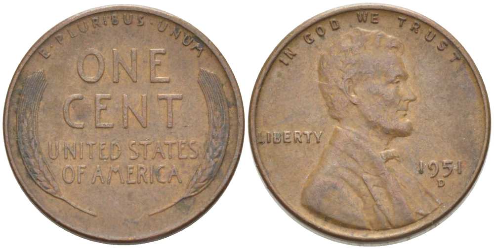 США 1 ЦЕНТ 1951 D, ЛИНКОЛЬН KM А132 медь цинк 3309-564