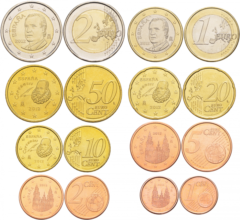Испания евронабор из 8 монет 2012 1, 2, 5, 10, 20, 50 евроцентов, 1 и 2 евро KM 1040, 1041, 1042, 1070, 1071, 1072, 1073, 1074 N6-14
