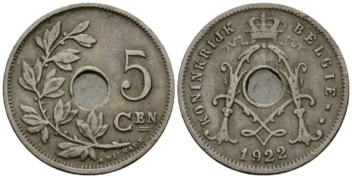 Бельгия 5 сантимов 1922 Belgie KM 67 медно-никель 4173-242