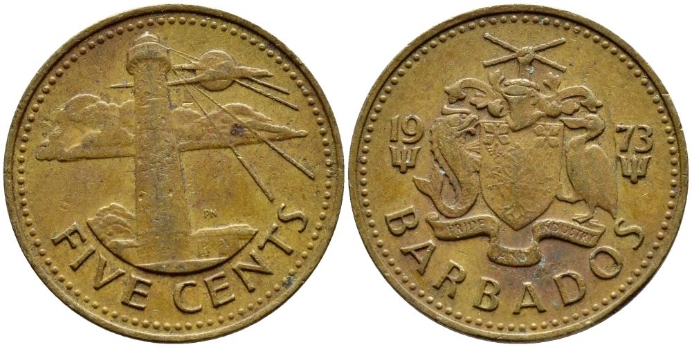 Барбадос 5 центов 1973 маяк Саут-Пойнт KM 11 латунь 4398-511
