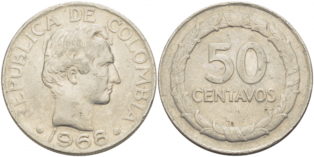 Колумбия 50 сентаво 1968 Симон Боливар KM 228 никелированная сталь 51-4241