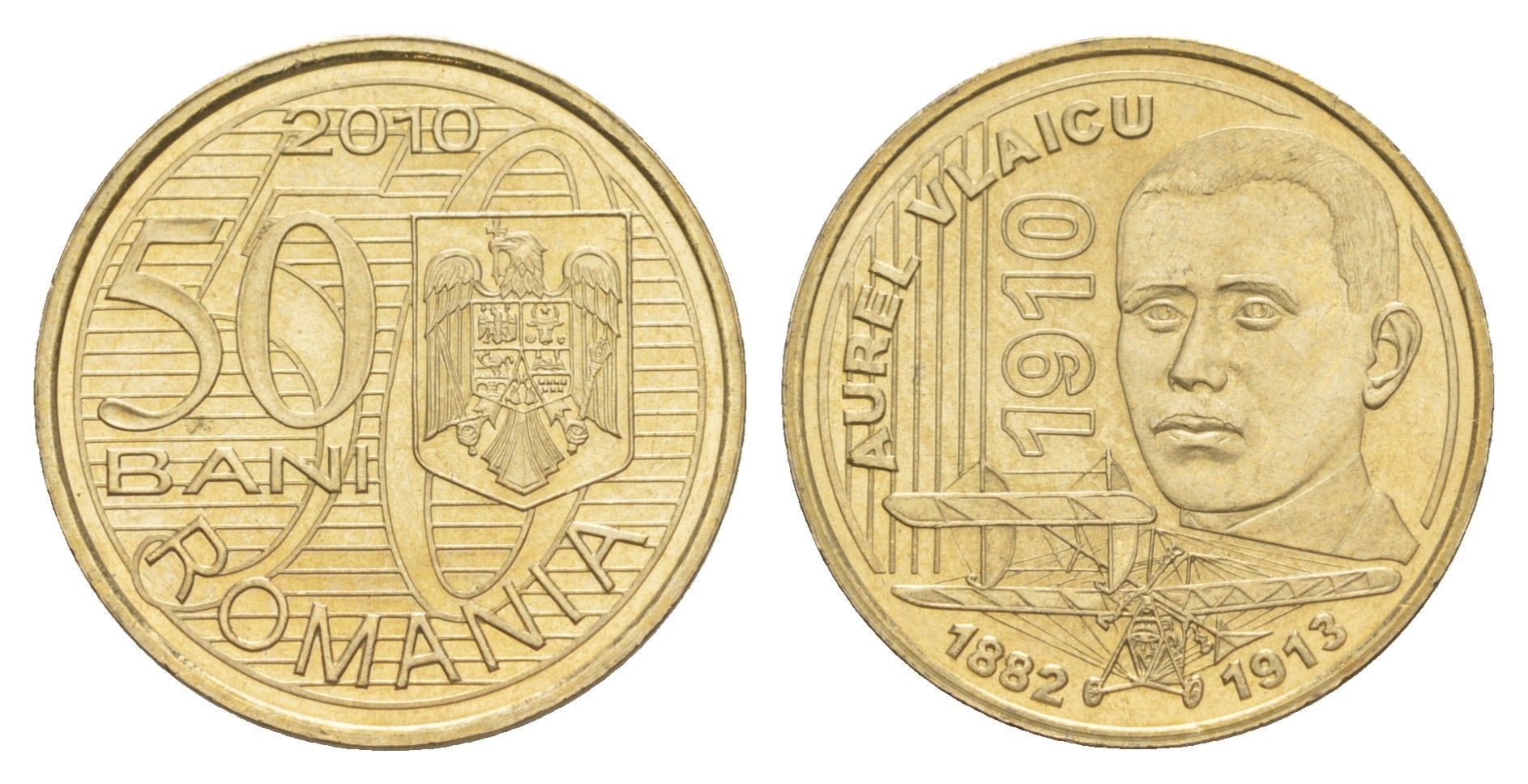 Румыния 50 бань (бани) 2010 100 лет первому полету Аурела Влайка UNC KM 259 никель латунь 4635-152