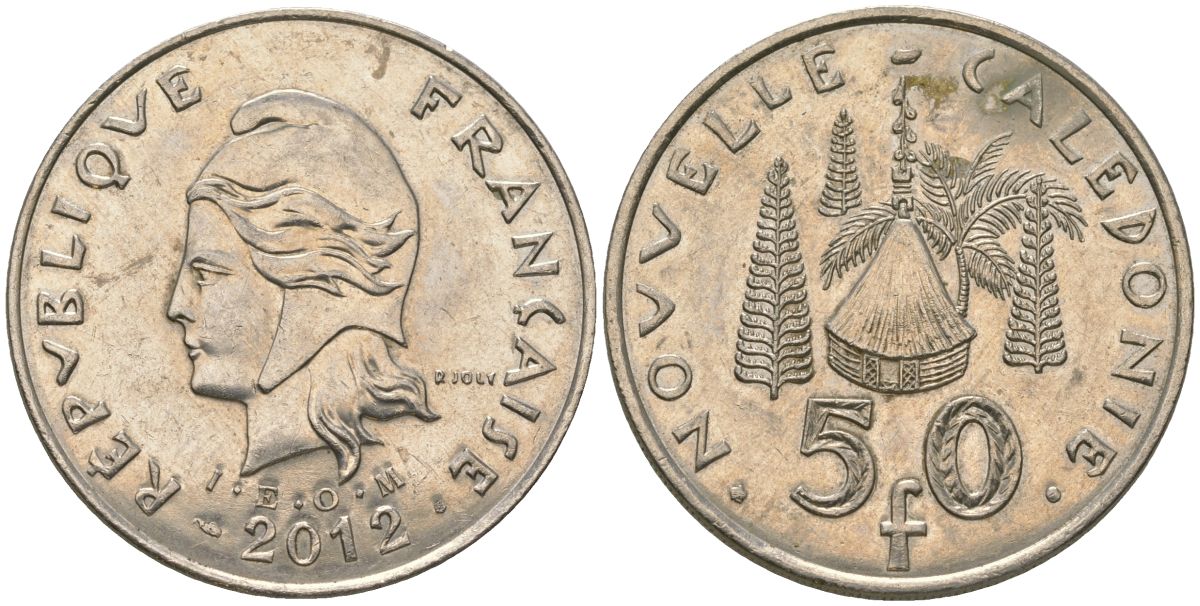 Французская Новая Каледония 50 франков 2012 хижина среди сосен и пальм, (IEOM) KM 13a, Schoen 15a, Lec 128i медно-никель 115-1023