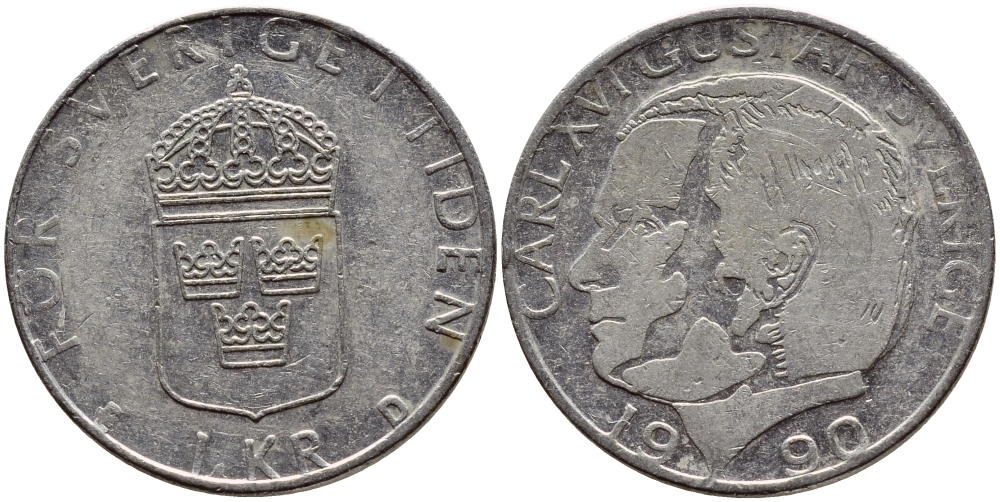 Швеция 1 крона 1990 Карл XVI Густав (1973- ) KM 852a медно-никель 4398-1236
