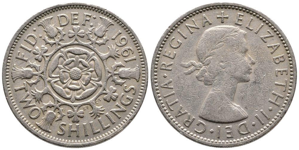 Великобритания 2 шиллинга (флорин) 1961 Елизавета II (1952-2022) KM 906, Spink 4146 медно-никель 59-1745