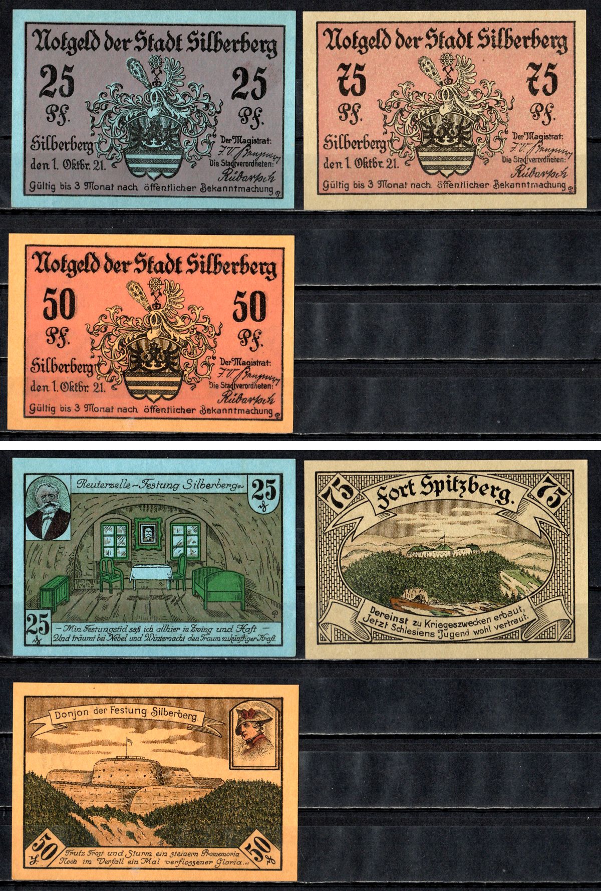 Зильберберг (Пруссия, Нижняя Силезия) полный набор из 3 нотгельдов (25, 50 и 75 пфеннигов) 1921 Mehl Grabowski 1228.2 бумага UNC (пресс) 7556-68-2-1