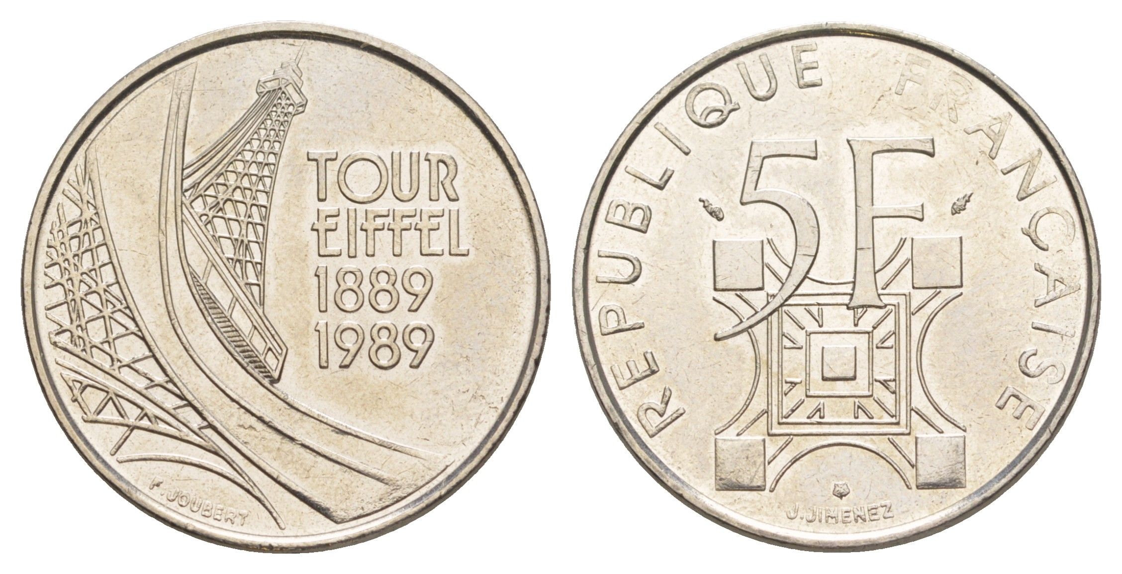 Франция 5 франков 1989 100 лет Эйфелевой башне KM 968 никель UNC 4637-311