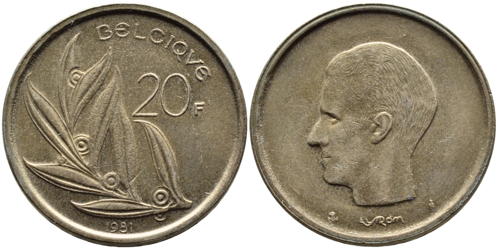 Бельгия 20 франков 1981 Belgique, Бодуэн I (1951-1993) KM 159 никель бронза 63-1112