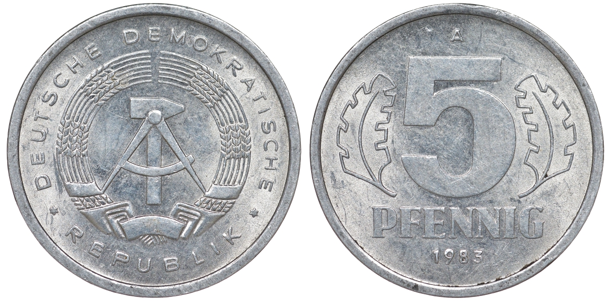 ГДР 5 ПФЕННИГОВ 1983 A КМ 9.2 алюминий 62-522